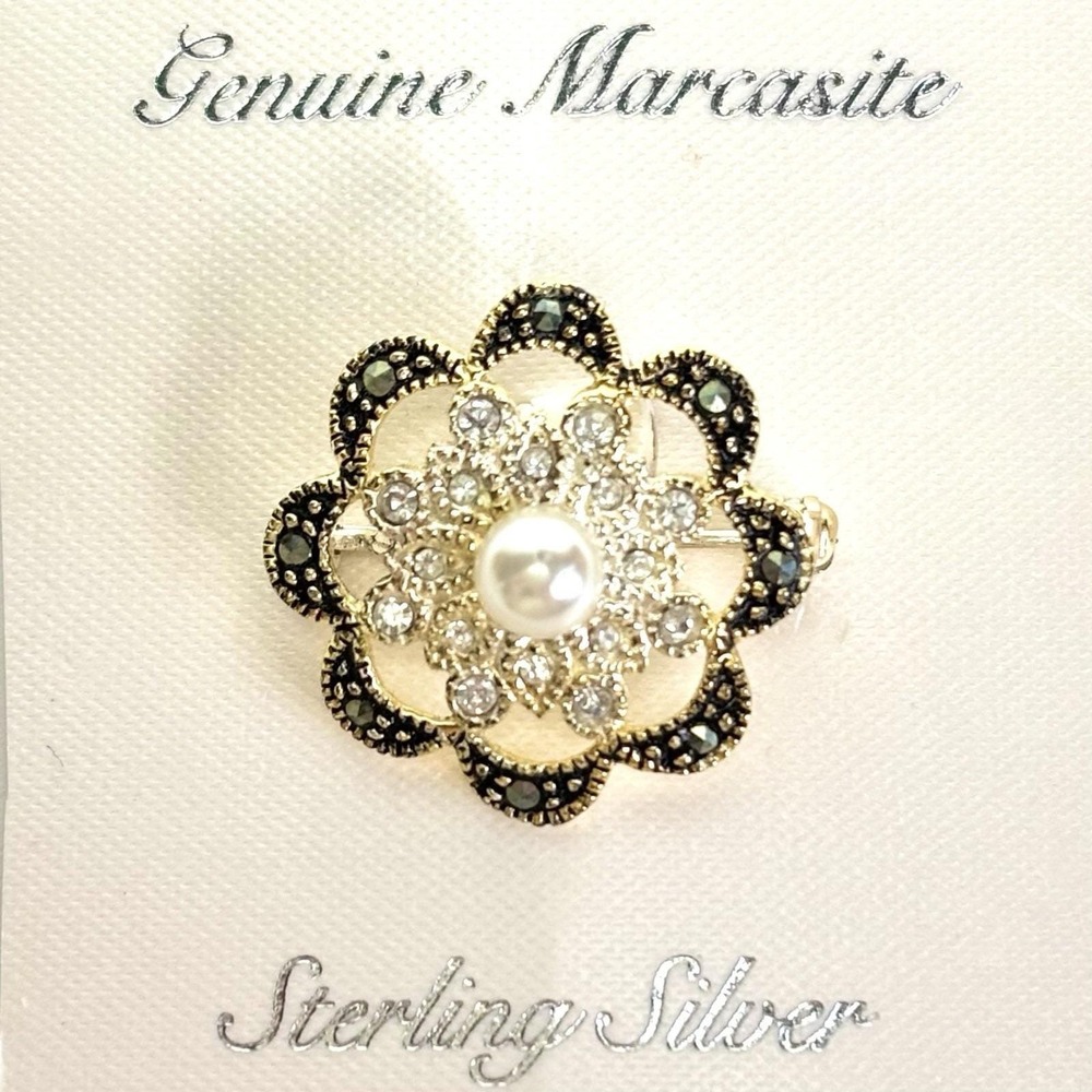 Sterling Silver Marcasite Faux Pearl Flower Brooch Pin Vintage NEW Floral 925 1”